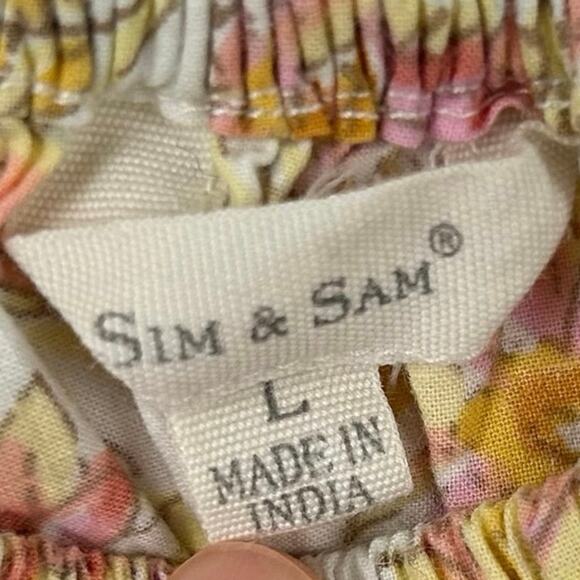 Sim & Sam Women Short Sleeve Floral Smocked Top Yellow Milkmaid Boho Size Large - Picture 5 of 8